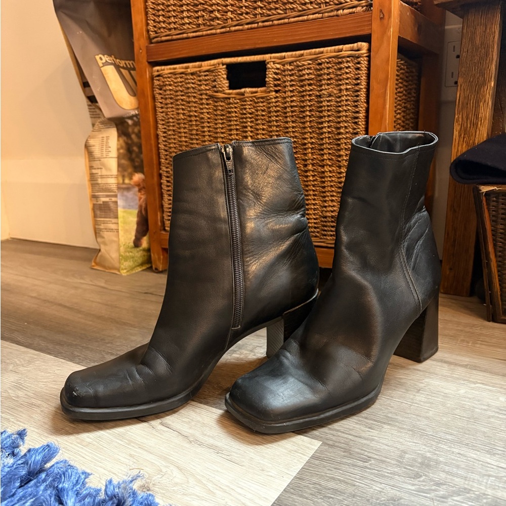 Black Real Leather Square Toe Boots